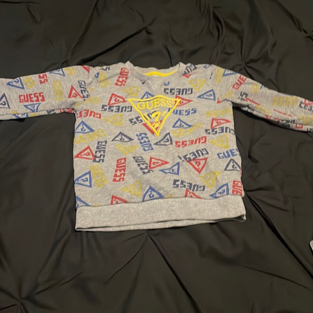 Toddler boys grey sweatshirt with multi coloured Guess logo